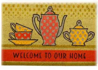 Capacho Welcome to our home com bule e xícaras