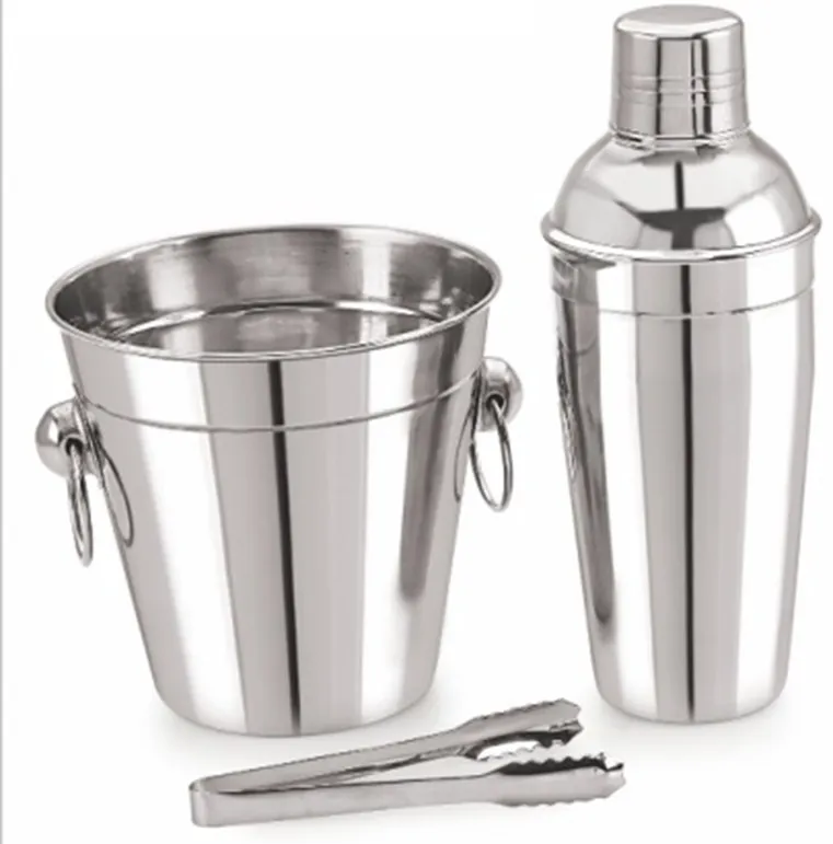 Kit bar balde de gelo, coqueteleira e pegador em inox