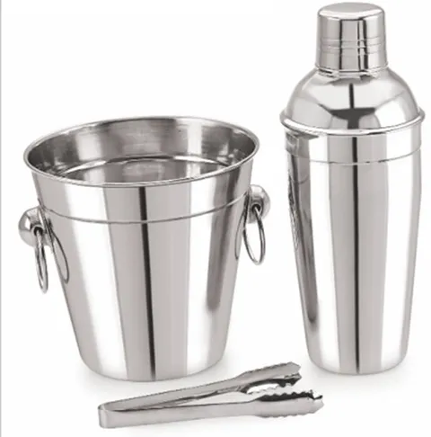 Kit bar balde de gelo, coqueteleira e pegador em inox