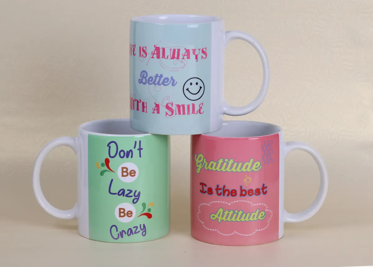 Canecas com frases Don’t Be Lazy Be Crazy e Gratitude
