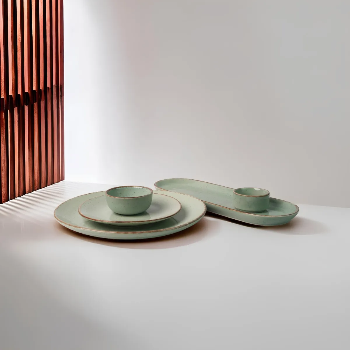 Linha verde sálvia com borda rústica (ambientação)