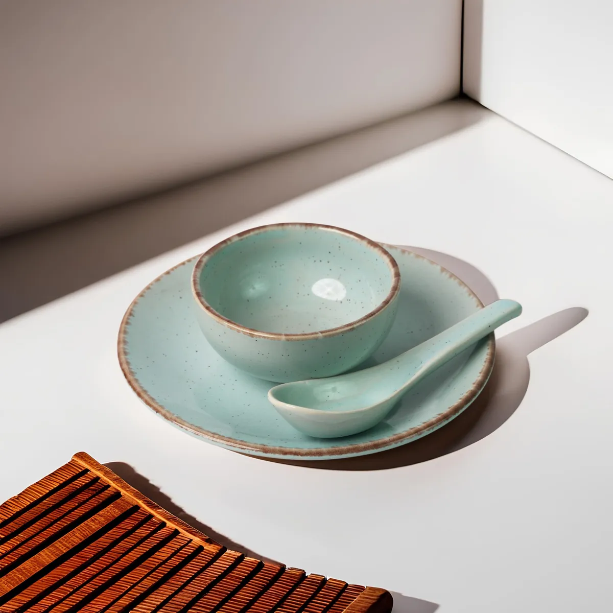 Conjunto verde-água com prato, bowl e colher