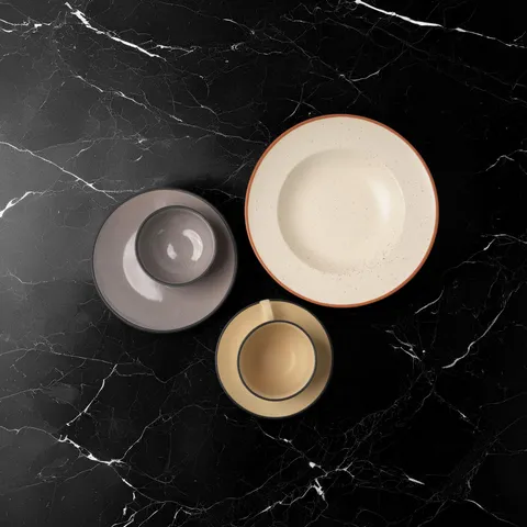Conjunto creme e cinza com prato fundo e bowls