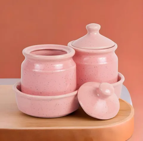Conjunto de potes rosa com tampa