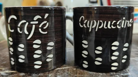 Caneca pintada à mão preta "Café" e "Cappuccino" com grãos