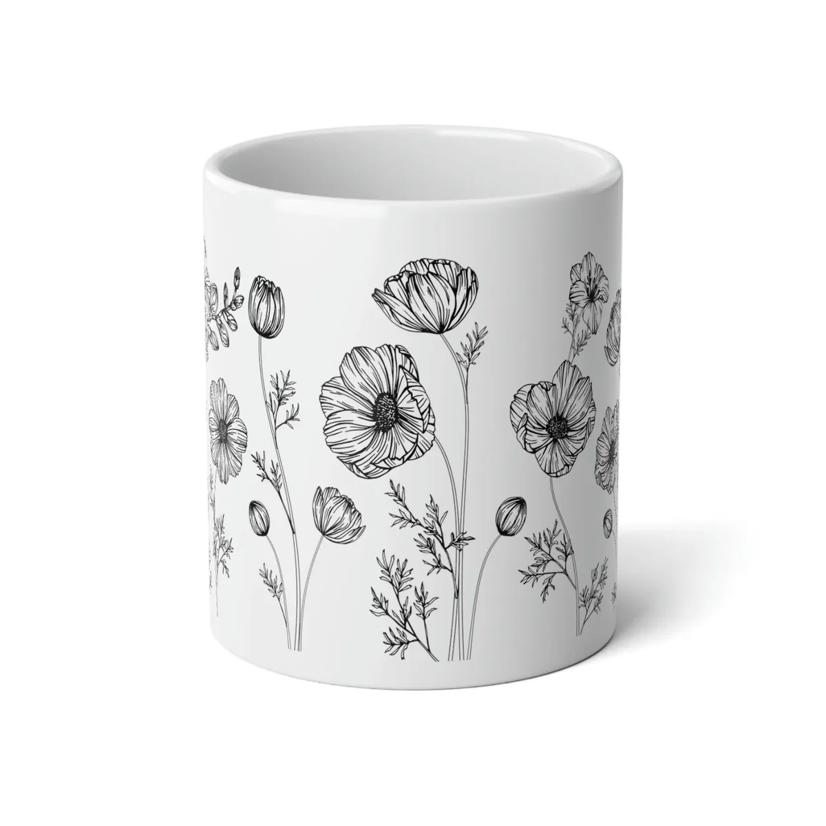 Caneca pintada à mão com papoulas em traço preto