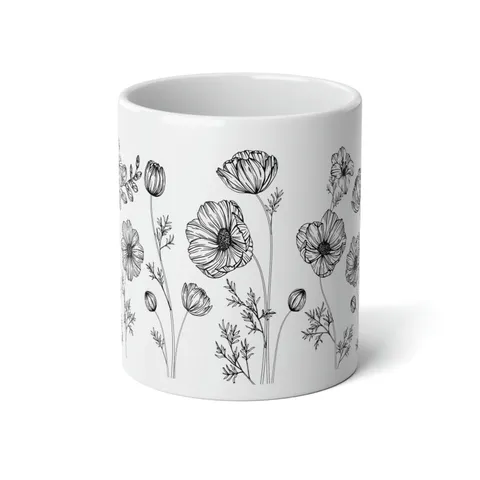 Caneca pintada à mão com papoulas em traço preto