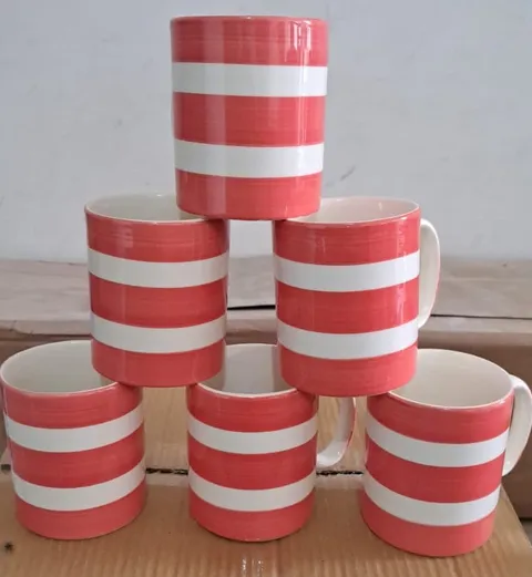 Caneca pintada à mão com listras coral