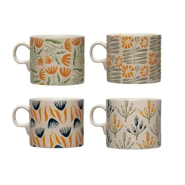 Conjunto de 4 canecas pintadas à mão botânicas laranja e amarelo