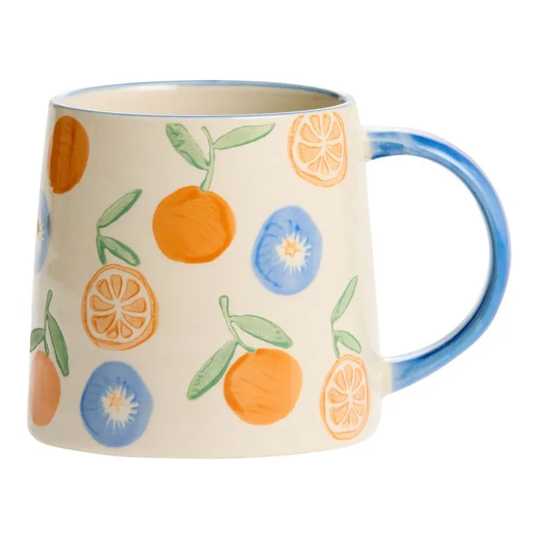 Caneca pintada à mão com laranjas e alça azul